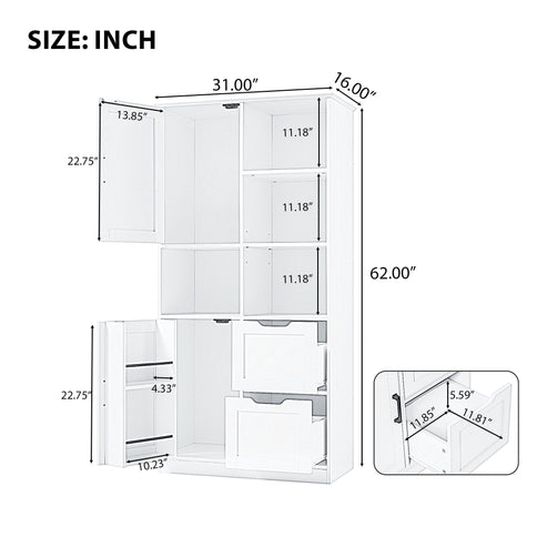 Freestanding Bathroom Storage Cabinet With Doors And Drawers, Adjustable Shelf, Open Shelves - White