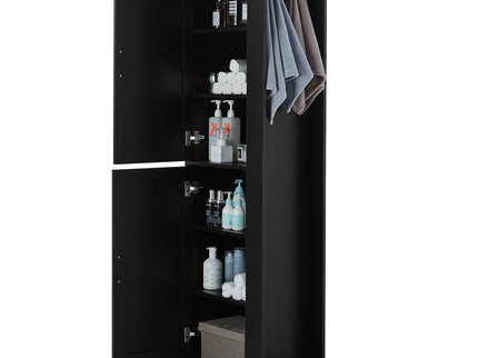 Tall Freestanding Bathroom Storage Cabinet With Adjustable Shelves And Side Hooks