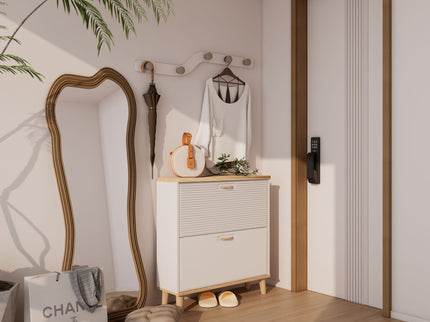 Narrow - Entryway Shoe Storage Cabinet With 2 Flip Drawers Legs - Natural / White