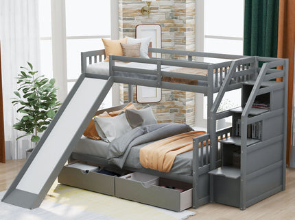 Bunk Bed With Storage Staircase, Slide, Desk, Drawers, And Shelves