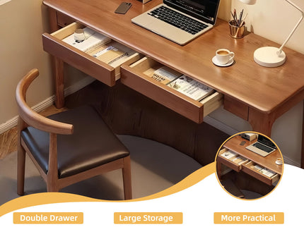 Desk With Drawers, Smooth Edge Design - Walnut