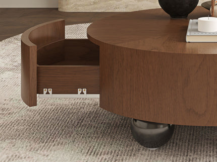 Drum Shaped Coffee Table With Hidden Storage Drawer, Low Profile For Living Room - Walnut