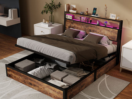 Frame With Hydraulic Lift Storage, RGB LED Lights & Multi-Port Charging, No Box Spring Needed