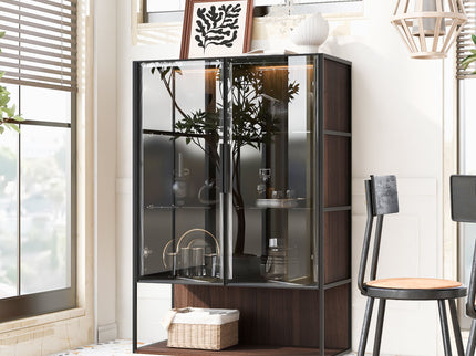 Modern Minimalist Tall Lighted Display Cabinet With Tempered Glass Door - Black / Dark Walnut