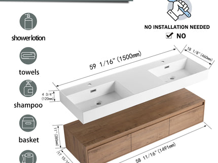 Contemporary Wall Mounted Bathroom Vanity With Dual Resin Sink And Soft Close Drawer