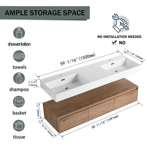 Contemporary Wall Mounted Bathroom Vanity With Dual Resin Sink And Soft Close Drawer