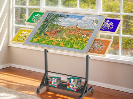 360 Degree Tilting Wooden Puzzle Table With 1500 Pieces, Rolling Design With Adjustable Height, Drawer, And Protective Cover - Black / Natural Wood