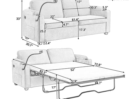 Sleeper Sofa Loveseat Sofa With Full Size Mattress, 2 USB Ports, 2 Cup Holders, 2 Side Pockets And Phone Holder