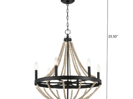 Starry - Chandelier 6 Candle Light Wood Beaded Pendant Light For Dining Room - Black / Clear