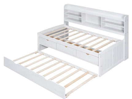 Captain Bed With Built In Bookshelves, 3 Storage Drawers, And Trundle