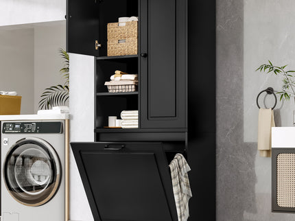 Modern Tall Storage Cabinet With Adjustable Shelves, Flip-Out Basket & Enclosed Doors