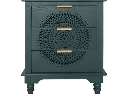Hollow Carved 3 Drawer Dresser With Metal Handles, Storage Chest For Living Room Or Bedroom - Blackish Green