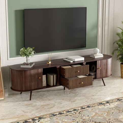70" TV Stand With Tambour Doors And Fluted Drawers - Dark Brown