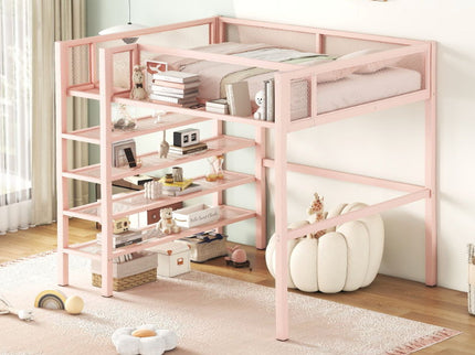 Loft Bed With 4 Tier Shelves And Storage