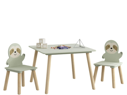 Sloth Themed Table And Chair Set With 2 Cute Animal Chairs - Natural Wood / Sage Green