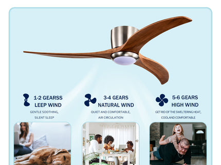 Flush Mount Fan Light, 3 Blades Ceiling Fan With Lights Remote Control, Quiet DC Motor, 6 Speed - Nickel