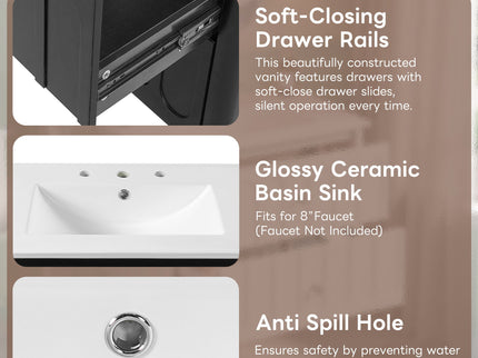 Floating Bathroom Vanity With Oval Knobs & Round Edge, Soft Close Drawer Slides