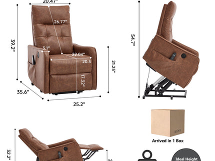 Single Motor Power Lift Recliner Chair With Massage And Heat, USB For Charging - Brown
