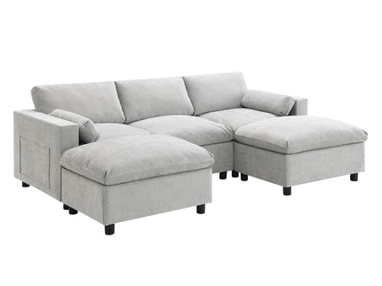 Modular Sectional With Storage Pockets, 5 Seat U Shaped Couch Set With Pillows, Free Combination Modern Cloud Sofa With 2 Movable Ottoman