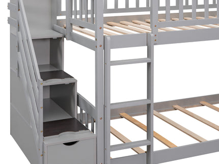 Twin Over Twin Bunk Stairway Bed With 2 Drawers And Slide - Gray
