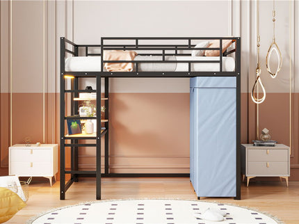 Loft Bed With Desk, Shelves, Power Outlet, LED Light And Wardrobe