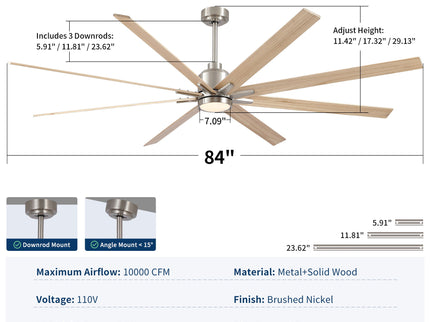 Oversized Large Ceiling Fan With Dimmable LED Light, 8 Blades, Remote Control