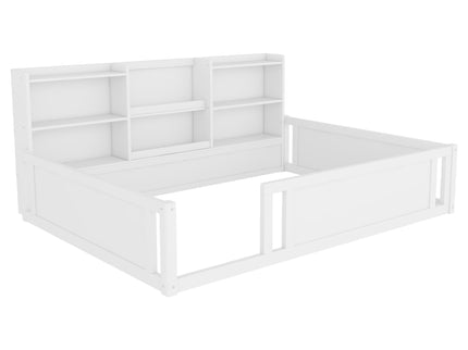 Platform Floor Bed With Guardrail Fence And Side Storage Shelves