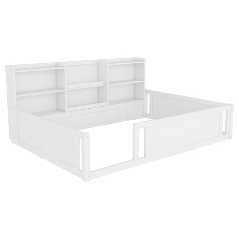 Platform Floor Bed With Guardrail Fence And Side Storage Shelves