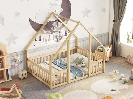 Wood House-Shaped Floor Bed With Fence, Guardrails