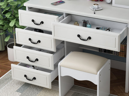 Fashion Vanity Desk With Mirror And Adjustable Lighting, 6 Drawers, 3 Color Light Modes - White