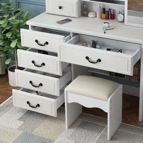 Fashion Vanity Desk With Mirror And Adjustable Lighting, 6 Drawers, 3 Color Light Modes - White