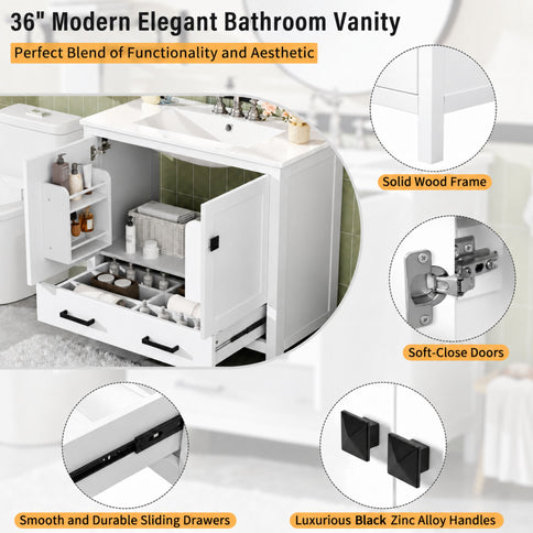 Bathroom Vanity With Sink, Soft Close Doors, Double Shelves & Divided Drawer