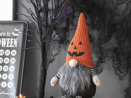 Sitting Gnome With Knit Hat, For Halloween Decor - Black / Orange / White