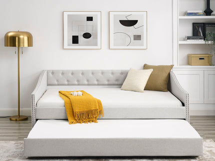 Upholstered Tufted Daybed With Drawers, Waved Arms
