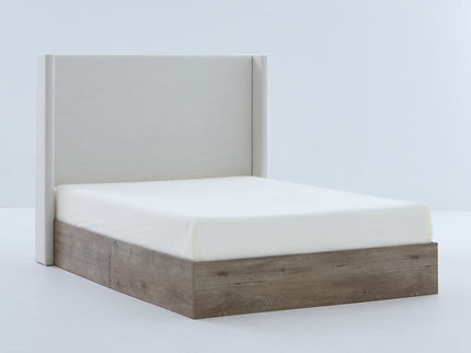 Shelton - Queen Upholstered Wingback Bed With 54" High Headboard - Ivory / Light Gray / Camel Oak