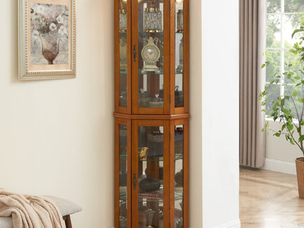 Corner Curio Cabinet With Lights, Adjustable Tempered Glass Shelves, Mirrored Back, Display Cabinet (E26 Light Bulb Not Included)