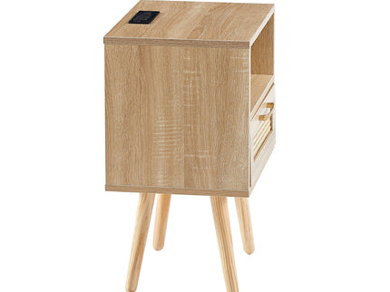 15.75" Rattan End Table With Power Outlet & USB Ports, Modern Nightstand With Drawer And Solid Wood Legs, Side Table For Living Room, Bedroom