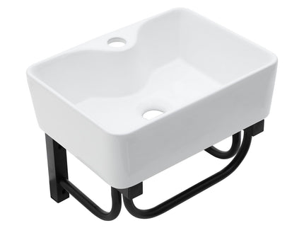 Rectangular Bathroom Sink With Towel Bar & Faucet Hole, Wall Mounted - White