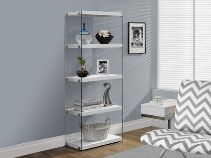 Bookshelf, Bookcase, Etagere, 5 Tier, Glossy Clear Tempered Glass - White