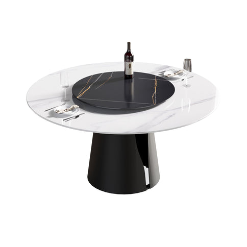 Modern Artificial Stone Round Carbon Steel Base Dining Table, Can Accommodate 6 People, Artificial Stone Turntable
