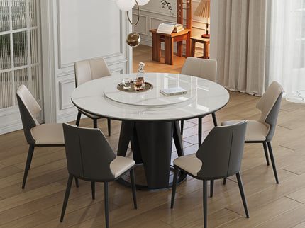 Modern Sintered Stone Dining Table With Round Turntable And Metal Pedestal - White