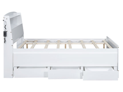 Full Size Platform Bed With Storage LED Headboard, Twin Trundle And 3 Drawers - White