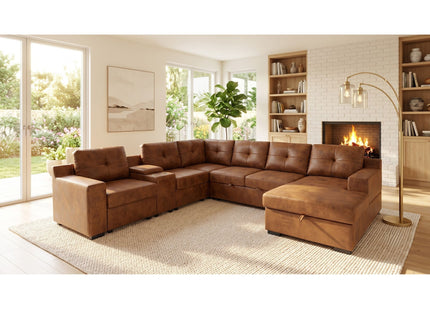 U - Shape Sectional Pull Out Bed With Console, Storage, And USB Charging