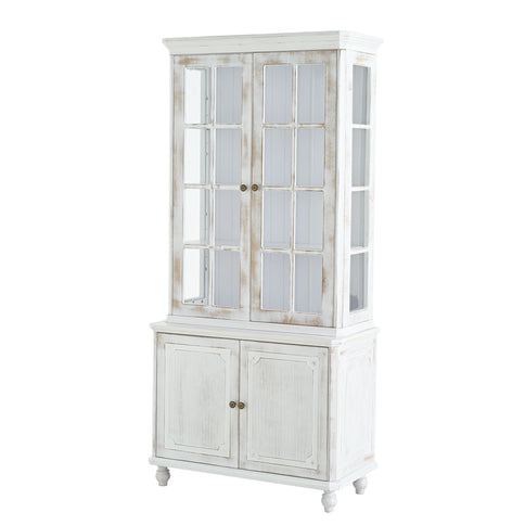 Vintage Display Cabinet With Double Glass Doors, Traditional Style Hutch For Home Or Workspace Washed - White Washed