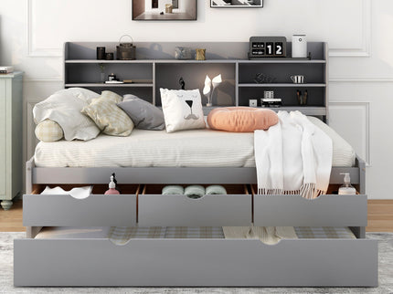 Captain Bed With Built In Bookshelves, 3 Storage Drawers, And Trundle