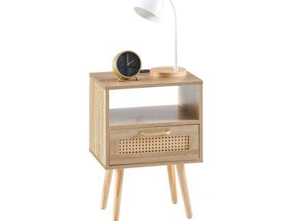 15.75" Rattan End Table With Power Outlet & USB Ports, Modern Nightstand With Drawer And Solid Wood Legs, Side Table For Living Room, Bedroom