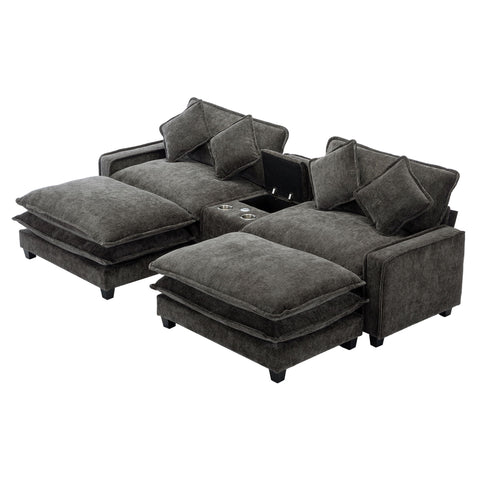 Modern Sectional Sofa With Removable Ottomans, USB Ports