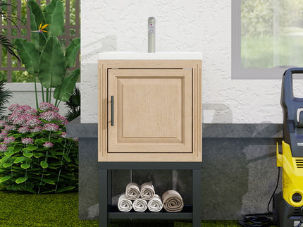 Modern Freestanding Bathroom Vanity With Ceramic Sink, Hot And Cold Faucet, 1 Door Cabinet & Open Shelf