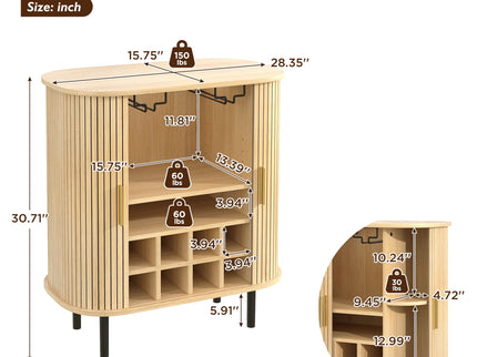 Fluted Wine Bar Cabinet With 8 Grid Wine Rack, 5 Level Adjustable Shelves, 2 Glass Holders
