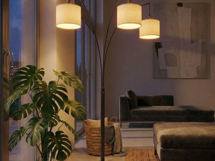 Royal - 3 Arm Arc Floor Lamp, Oil Rubbed Bonze With Linen Shade, 4 Way Rotary Switch - Oil-Rubbed Bronze